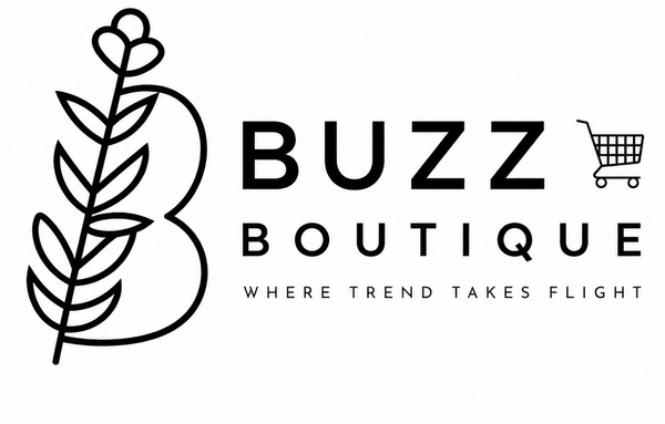 Logo of Buzz Boutique with a stylized letter 'B' and leaves on a white background.